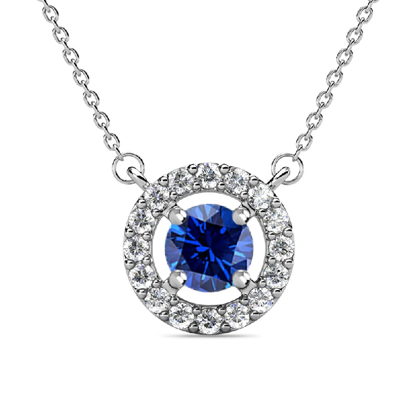 Soft thread necklaces-Royal 18k White Gold Plated September Birthstone Halo Necklace with Round Cut Sapphire Swarovski Crystals