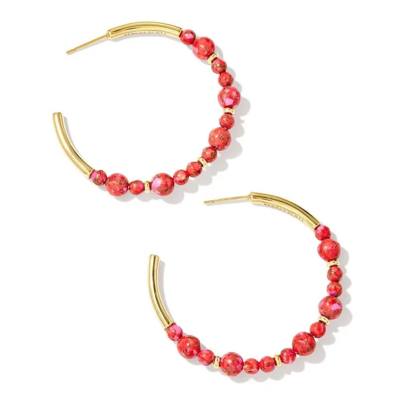 Tiered drop earrings-Kendra Scott | Jovie Gold Beaded Hoop Earrings in Bronze Veined Red and Fuchsia Magnesite