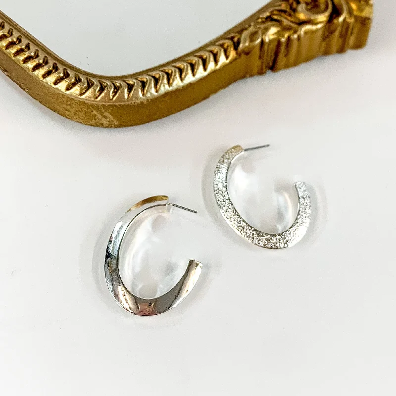 Flat badge earrings-Thick Oval Silver Tone Hoop Earrings