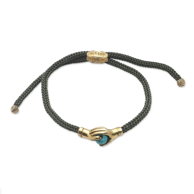 Joy charm bangles-NOVICA Golden Blue Handshake, Brass and turquoise unity bracelet