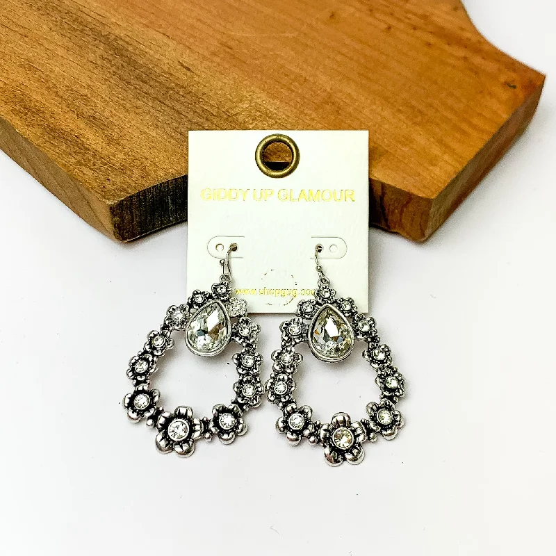 Solid ring earrings-Silver tone Open Drop Flower Earrings with Clear Crystals