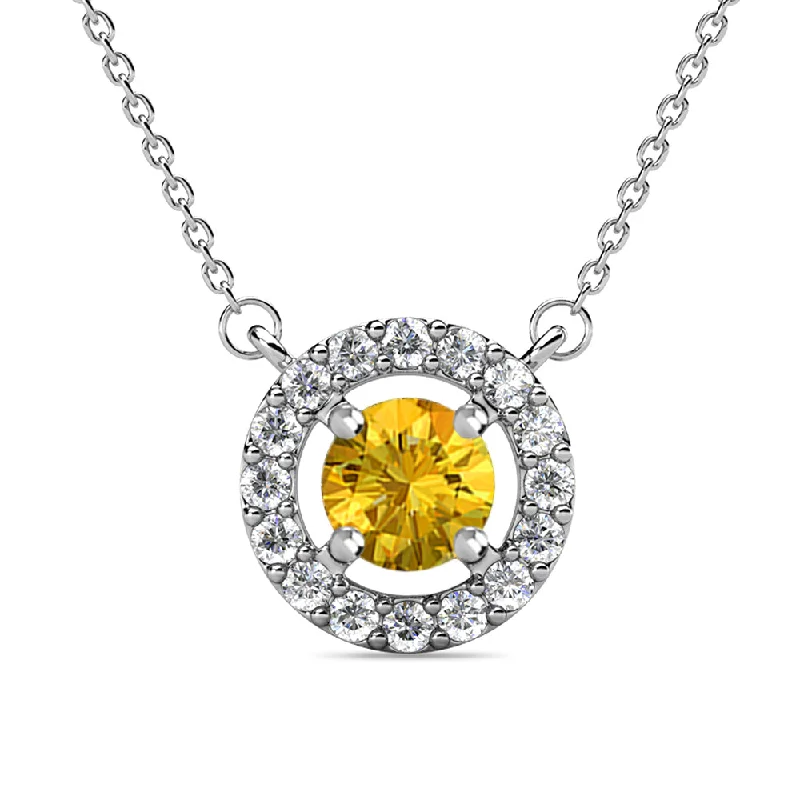 Lustrous pearl necklaces-Royal 18k White Gold Plated November Birthstone Halo Necklace with Round Cut Citrine Swarovski Crystals