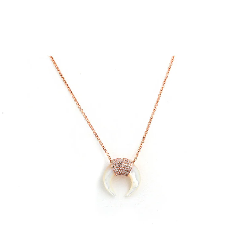 Wave pattern necklaces-14k Rose Gold, Mother of Pearl and Diamond Pave Horn Necklace