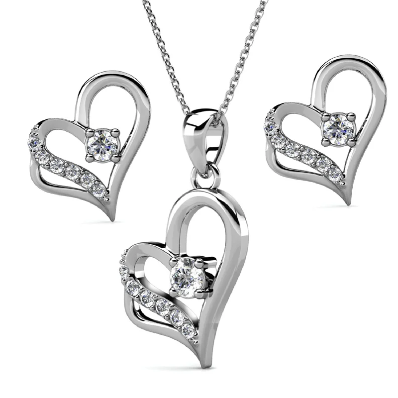 Fine bead necklaces-Kara 18k White Gold Plated Silver Heart Necklace and Earring Set with Swarovski Crystals