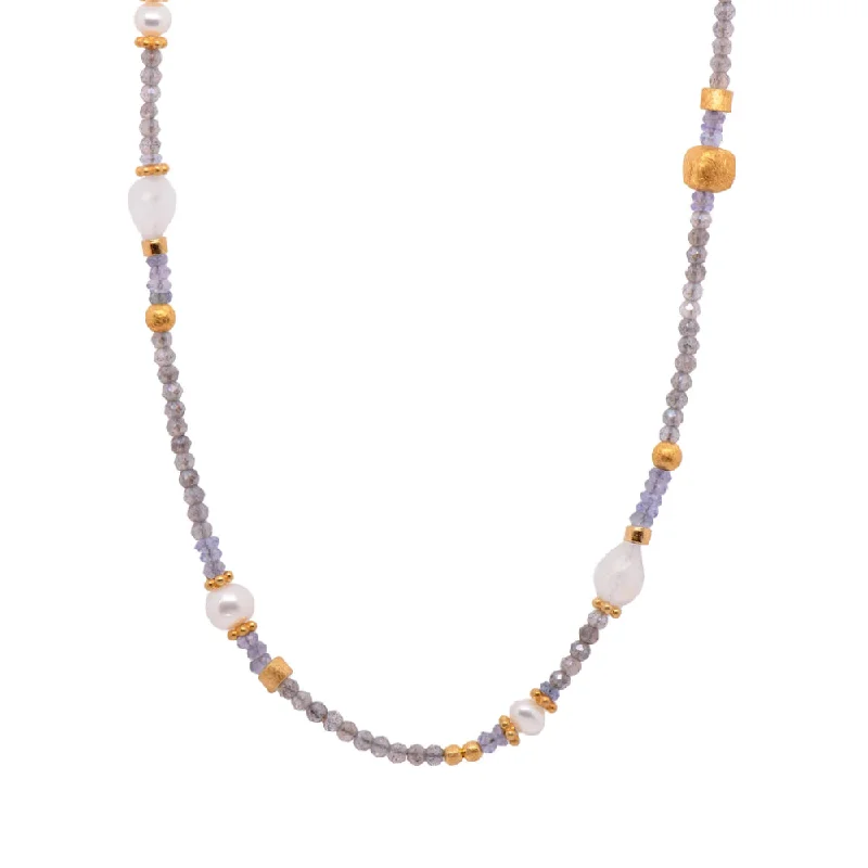 Agate gem necklaces-Joyla Vermeil 2mm Labradorite, Pearls, Tanzanite, Rainbow Moonstone Necklace