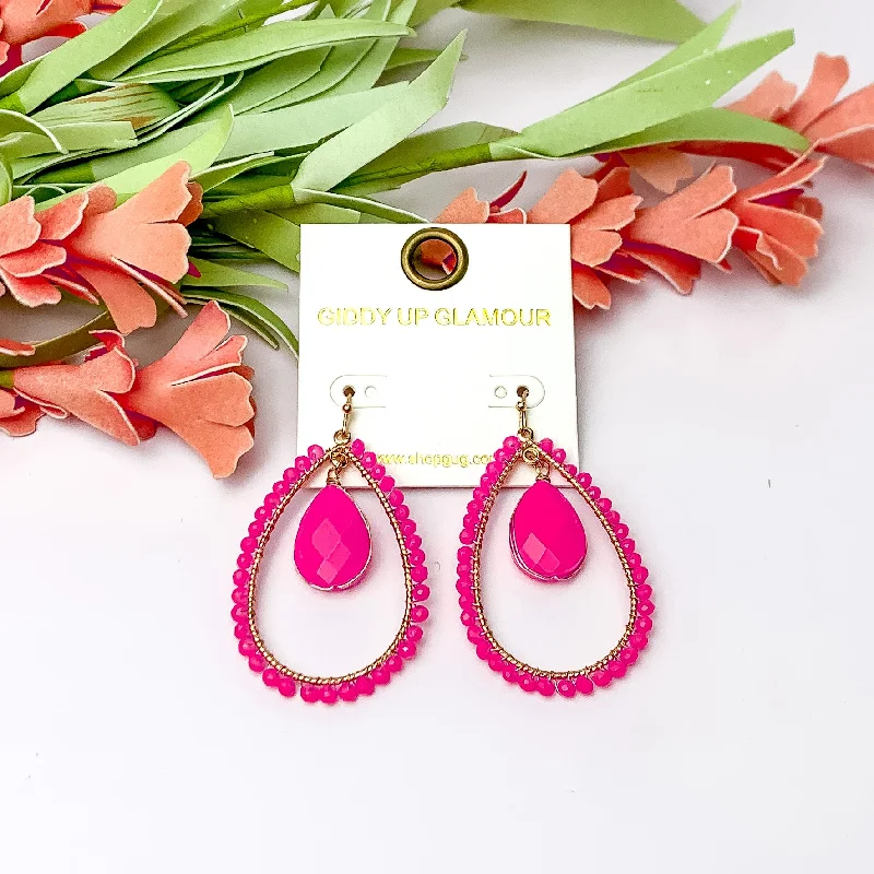 Tiny dot earrings-Pink Stone Inside Open Beaded Teardrop Earrings with Gold Tone Outline