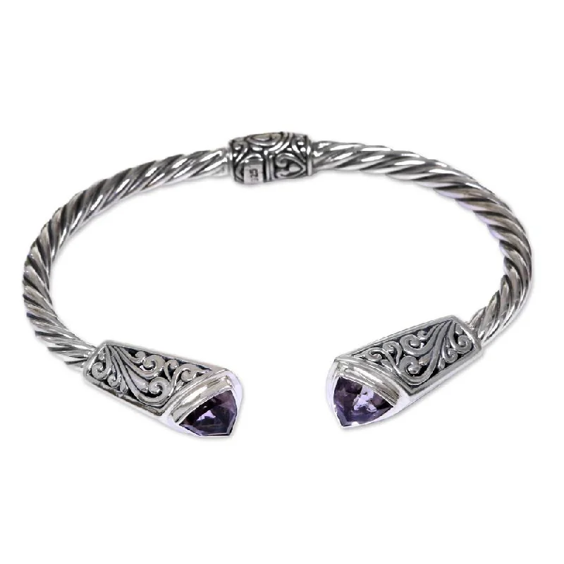 Tide shape bangles-Handmade Sterling Silver 'Sukawati Triangle in Purple' Amethyst Bracelet (Indonesia)