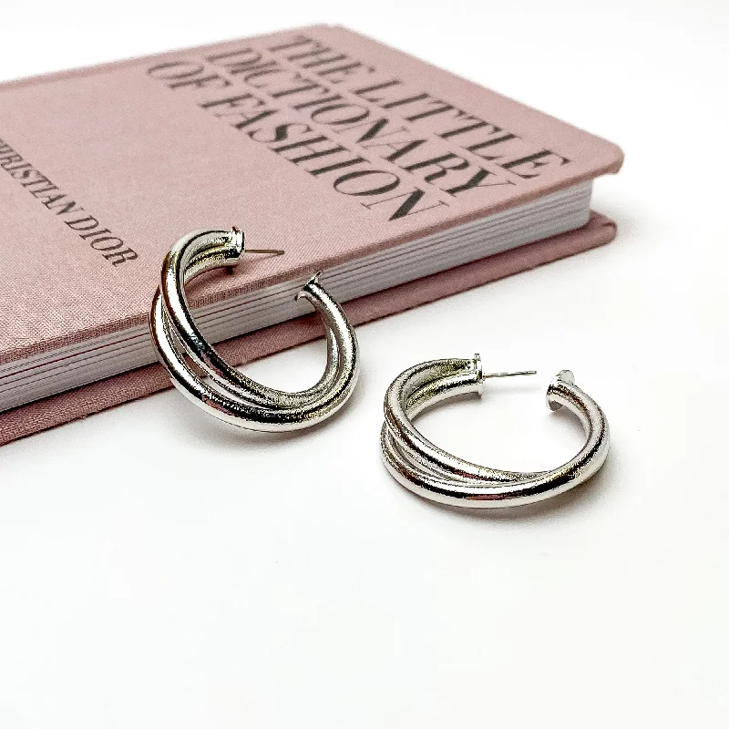 Art deco earrings-Twisted Hoop Earrings in Textured Silver Tone