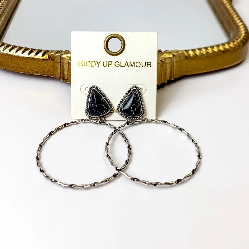 Sleek gem earrings-Triangle Stone Post Hoop Earrings in Black