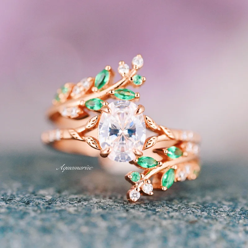 Eternity band engagement rings-Diamond (cz) & Emerald Leaf Fairy Ring- 14K Rose Gold Vermeil