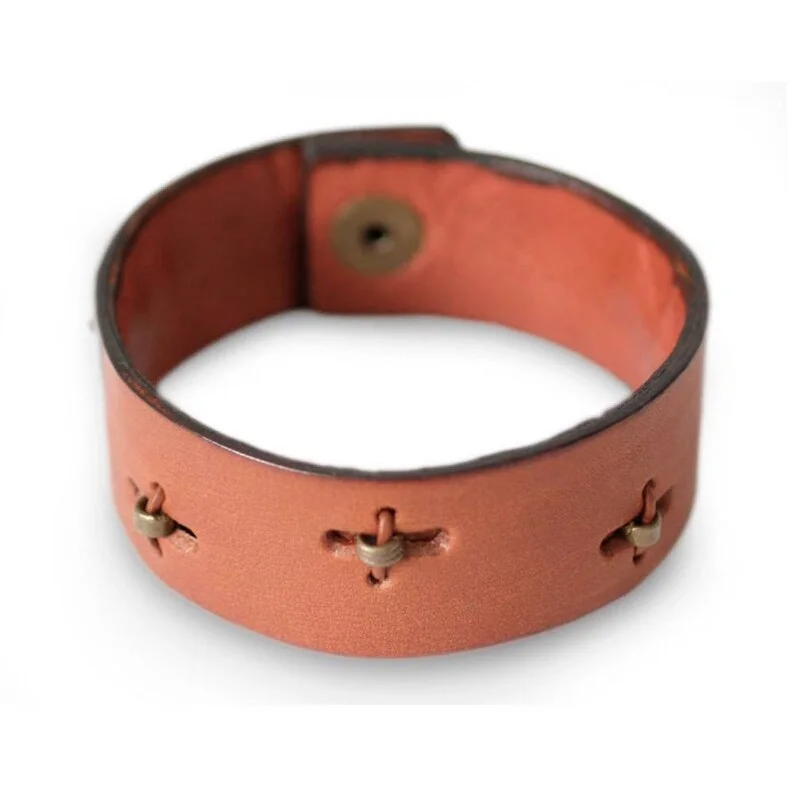 Pink gold bangles-Leather Men's 'Hide and Seek in Tan' Wristband Bracelet(Ghana)