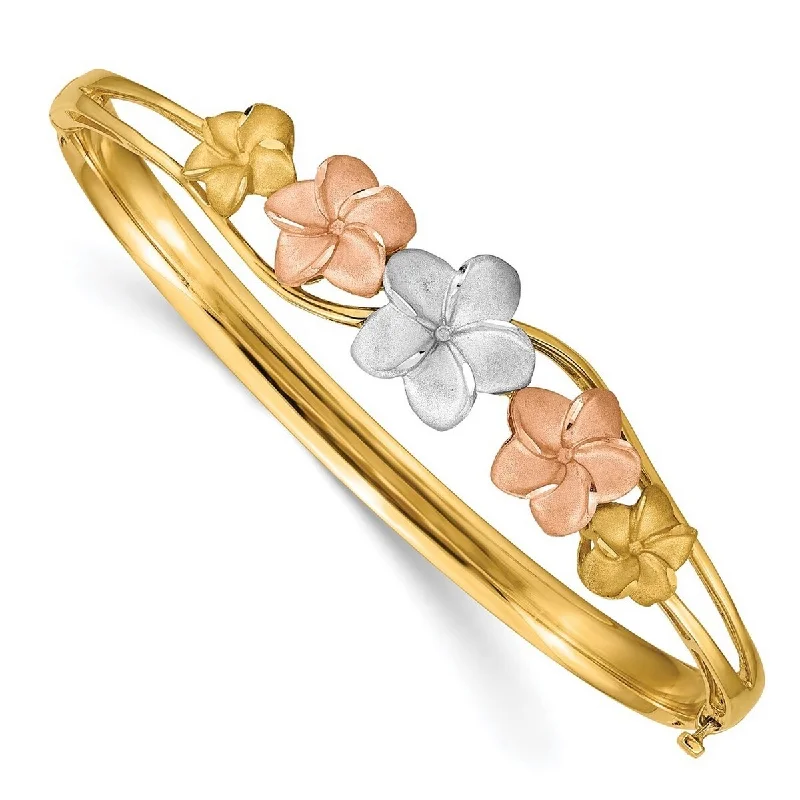 Beaded cluster bangles-Curata 14k Tri Color Gold Plumeria Cuff Stackable Bangle Bracelet