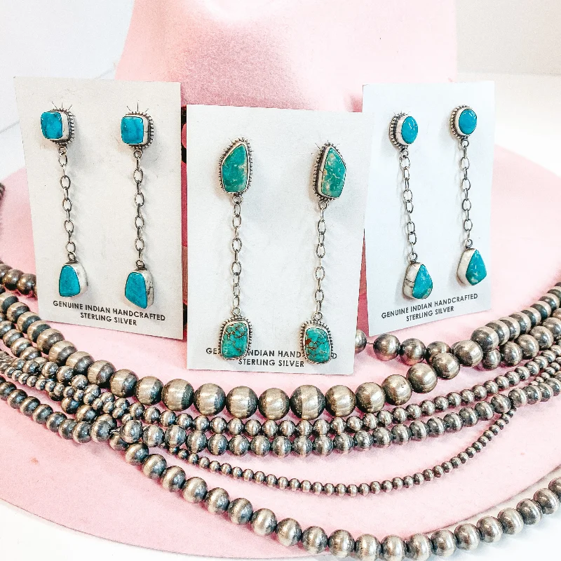 Thin threader earrings-Tricia Smith | Navajo Handmade Sterling Silver Chain Drop Earrings with Kingman Turquoise Studs