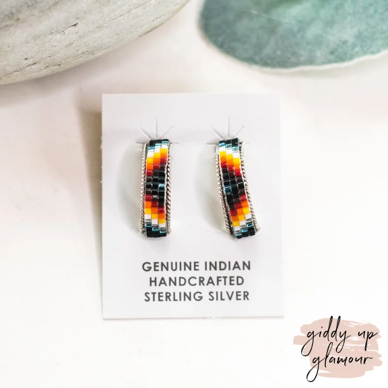 Oval dangle earrings-Navajo | Navajo Handmade Small Multi Colored Aztec Beaded Hoop Earrings in Black