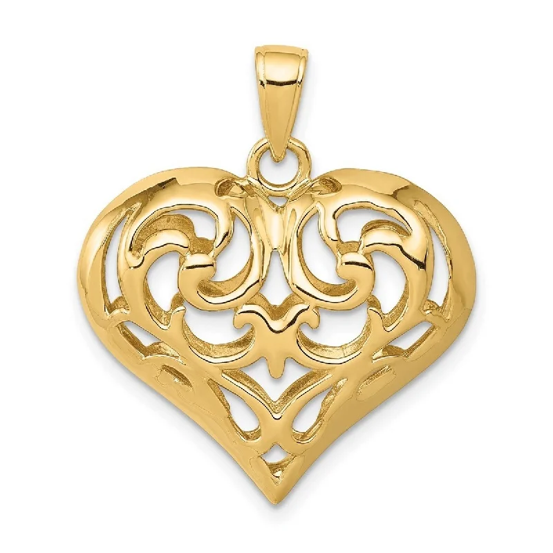 Regency style necklaces-Curata 14k Yellow Gold 18" 3-d Sparkle-Cut Open Filigree Heart Pendant Necklace