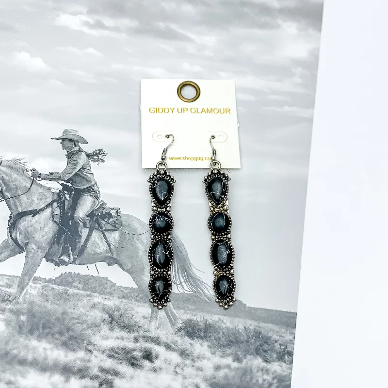 Bold statement earrings-Western Connection Silver Tone Earrings With Four Stones in Black