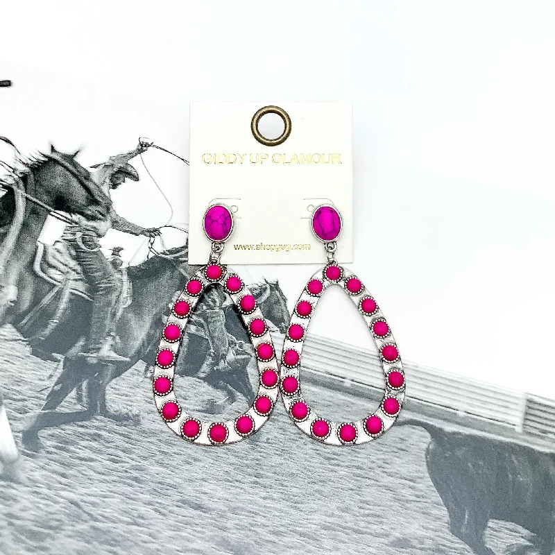 Woven thread earrings-Western Open Teardrop Earrings With Stones in Hot Pink