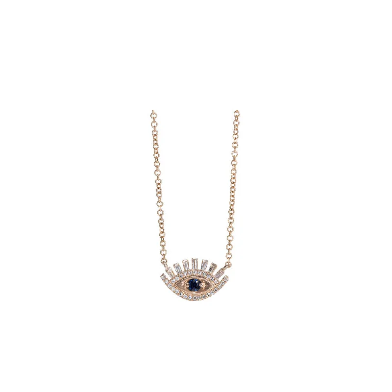 Multi-strand necklaces-14KT Rose Gold Diamond Pave Baguettes and Sapphire Evil Eye Necklace with Eyelashes