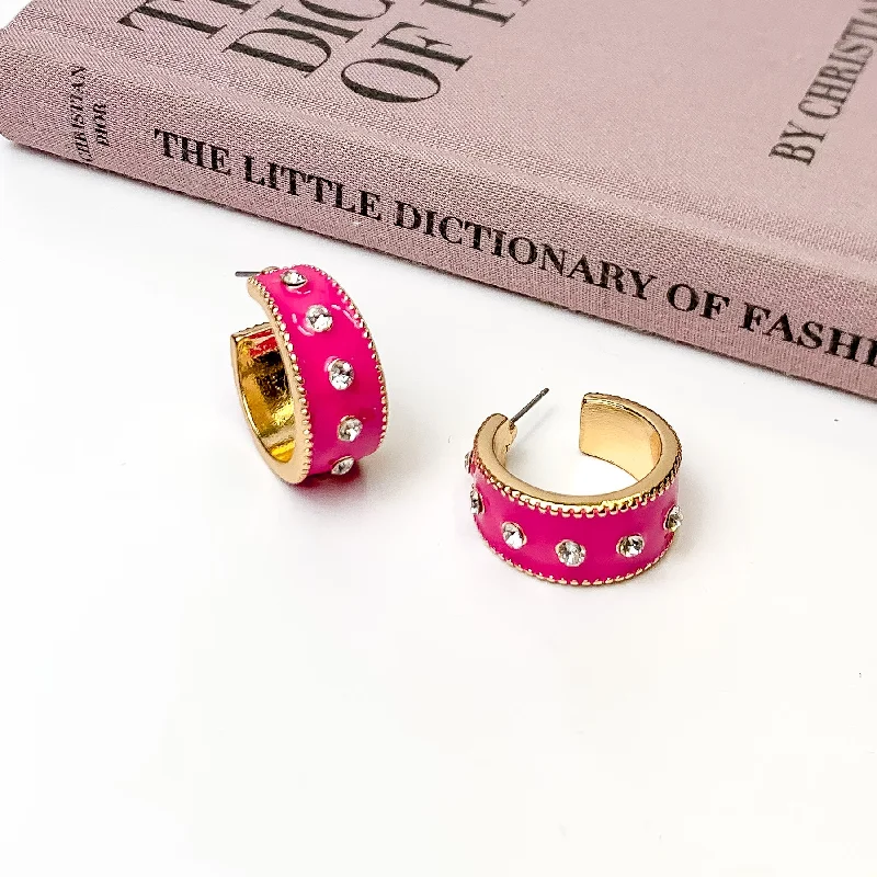 Topaz gem earrings-Surrounded By Starlight Small Gold Tone Hoop Earrings in Fuchsia Pink