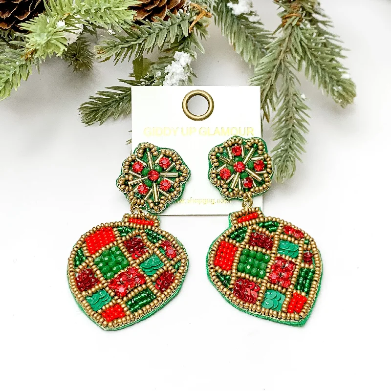 Vivid druzy earrings-Beaded Post Back Ornament Earrings in Red and Green