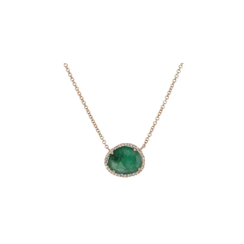 Dove feather necklaces-14KT Rose Gold Diamond Pave and Emerald Slice Necklace