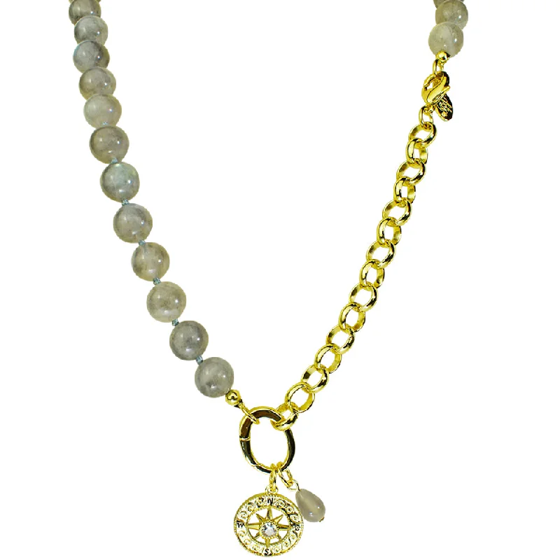 Raised bar necklaces-Home Compass Rose 10mm Grey Moonstone Add A Charm Necklace (Goldtone/Grey Moonstone)