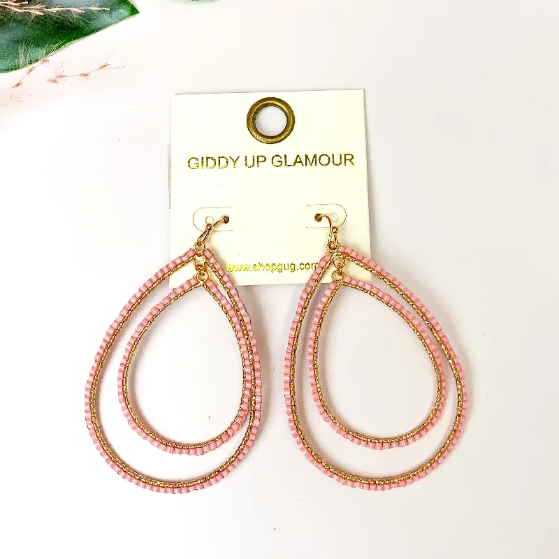 Vivid druzy earrings-Double Open Teardrop Gold Tone Earrings with Beaded Outline in Light Pink