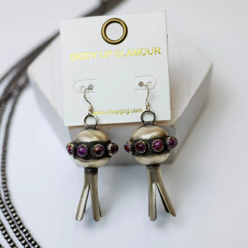 Woven thread earrings-Monica Smith | Navajo Handmade Sterling Silver Blossom Earrings with Purple Spiny Oyster