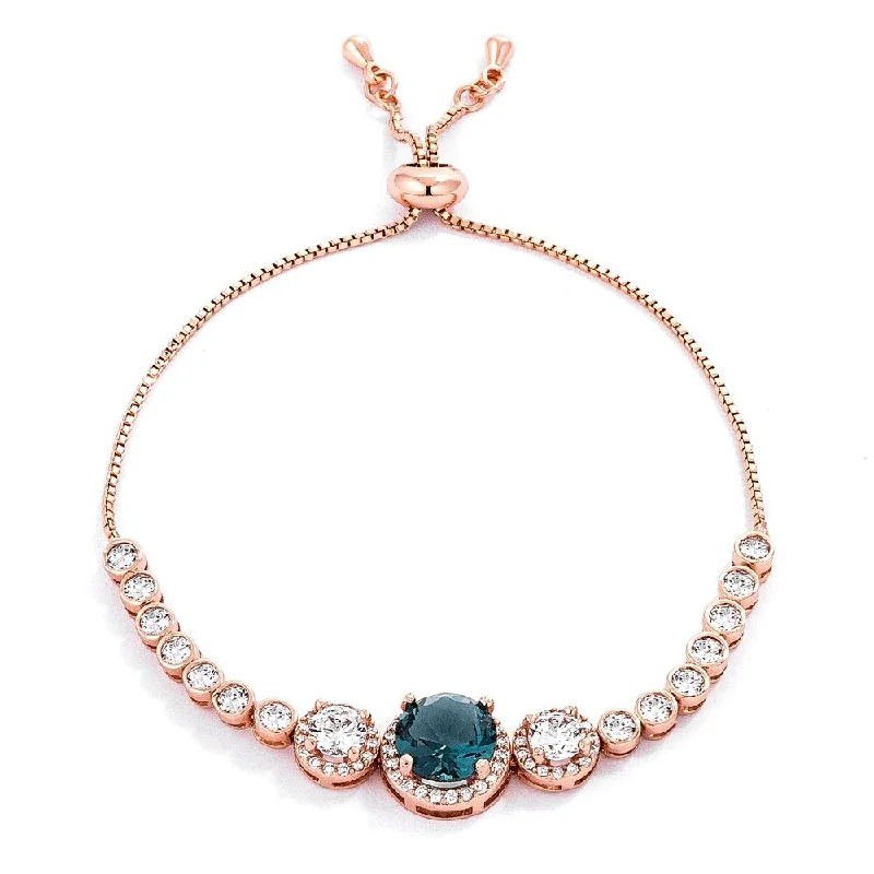 Surf theme bangles-Adjustable Rose Gold Plated Graduated Cz Bolo Style Tennis Bracelet - Blue-Green-Rosegold - 8.5" Circumference