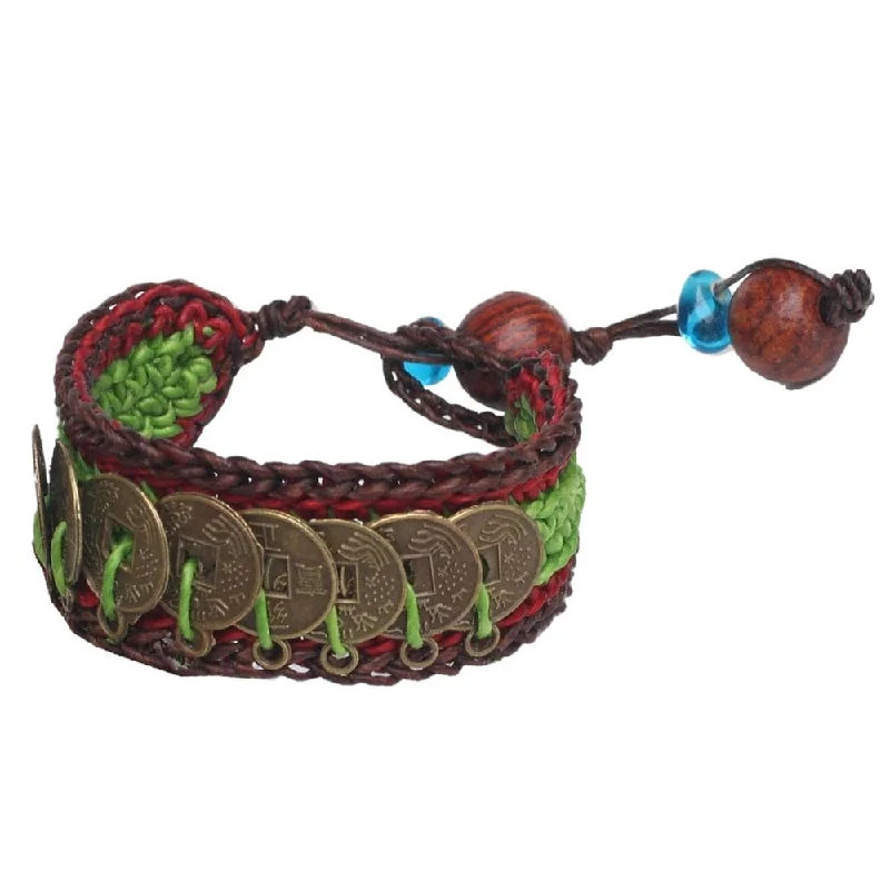 Secure clasp bangles-Good Luck Wealth Protection Feng Shui Chinese Brass Coins on Red Green Brown Pair of Crocheted Wristband Bracelets (Thailand)