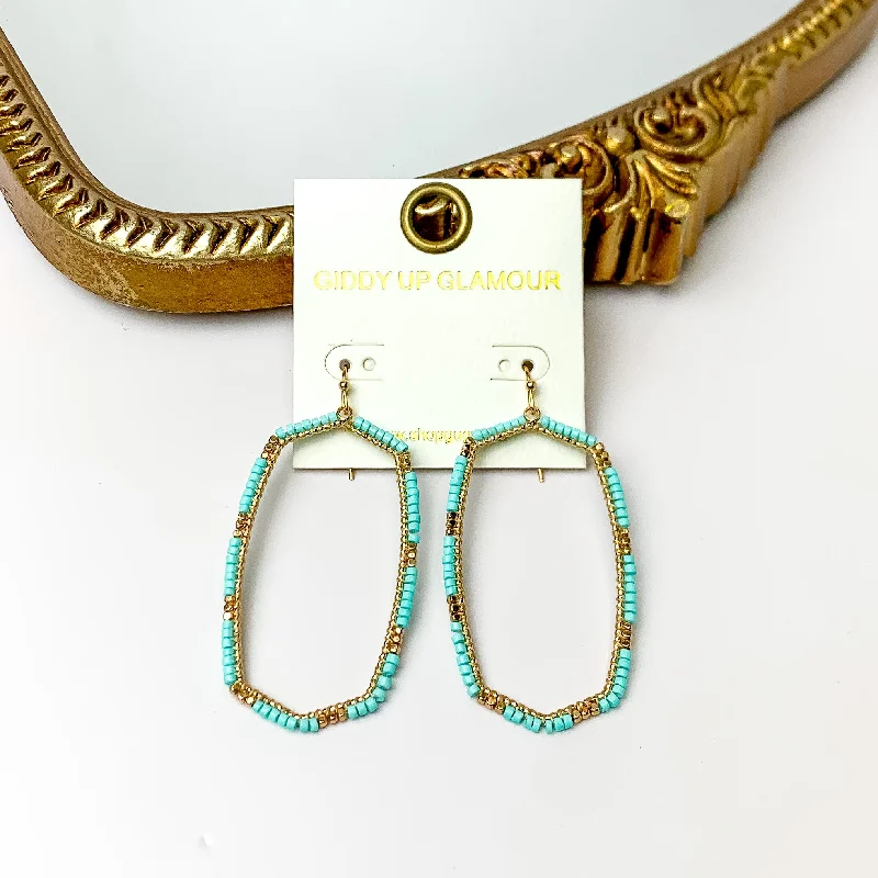 Light clay earrings-Turquoise Beaded Open Large Drop Earrings with Gold Tone Accessory