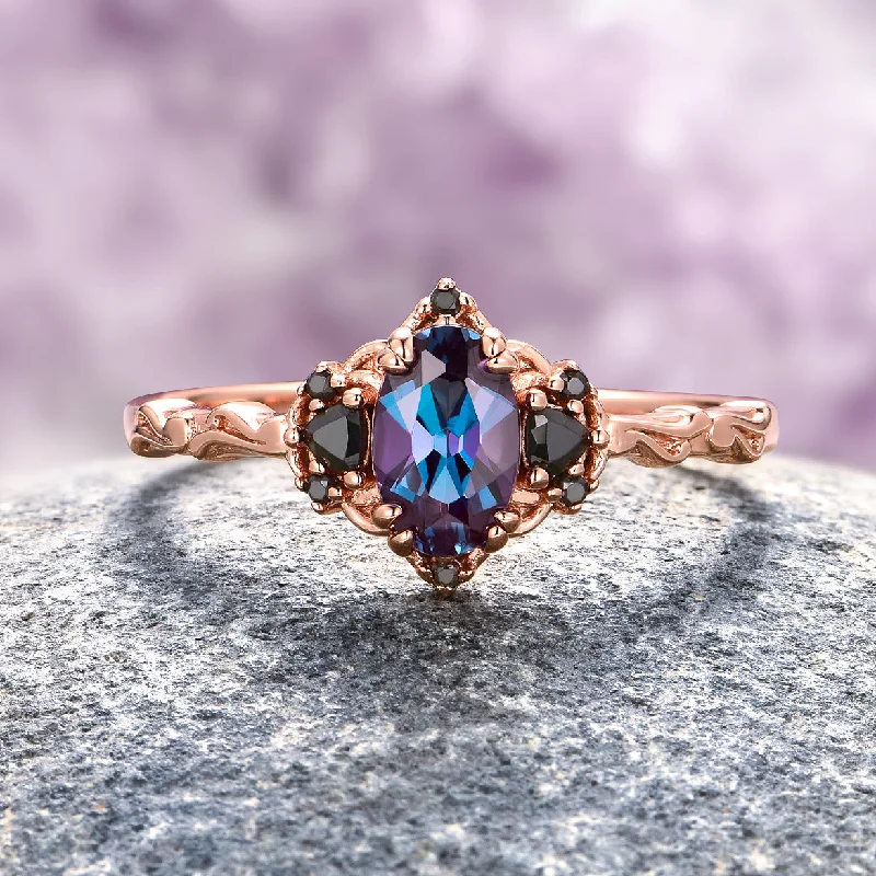 Chunky stone engagement rings-Esme Alexandrite & Black Onyx Ring- 14K Solid Rose Gold