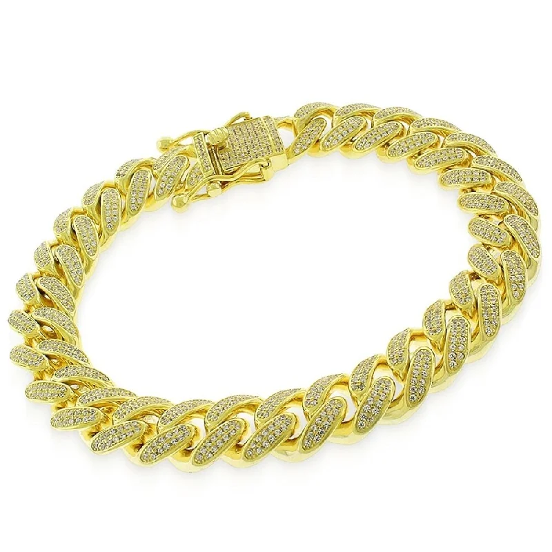 Regency style bangles-Sterling Silver 12mm Iced Out CZ Miami Cuban Solid 925 Yellow Gold Bling Bracelet Chain 9"