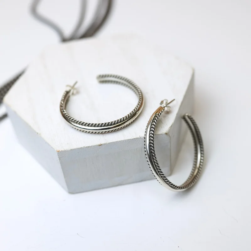 Bamboo style earrings-Navajo | Navajo Handmade Sterling Silver Hoop Earrings with a Rope Detailing Outline