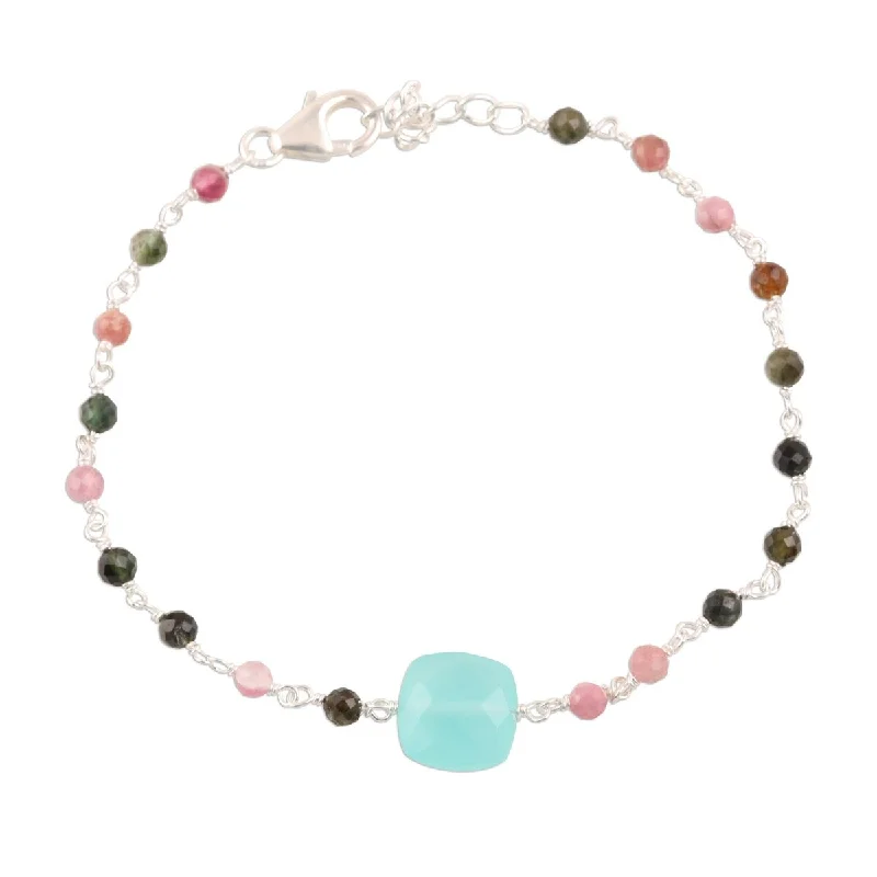 Layered chain bangles-NOVICA Colorful Combo, Chalcedony and tourmaline pendant bracelet