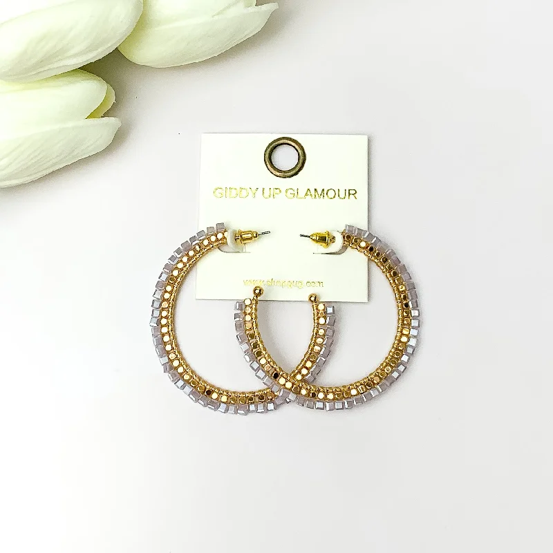 Cotton cord earrings-Gold Tone Beaded Hoop Earrings with a Pale Lavender Crystal Outline