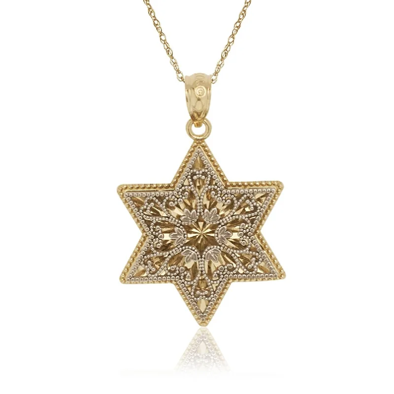 Secure clasp necklaces-14k Gold 16-inch Two-Tone Diamond-cut Dimensional Filigree Star of David Pendant Necklace - Orange