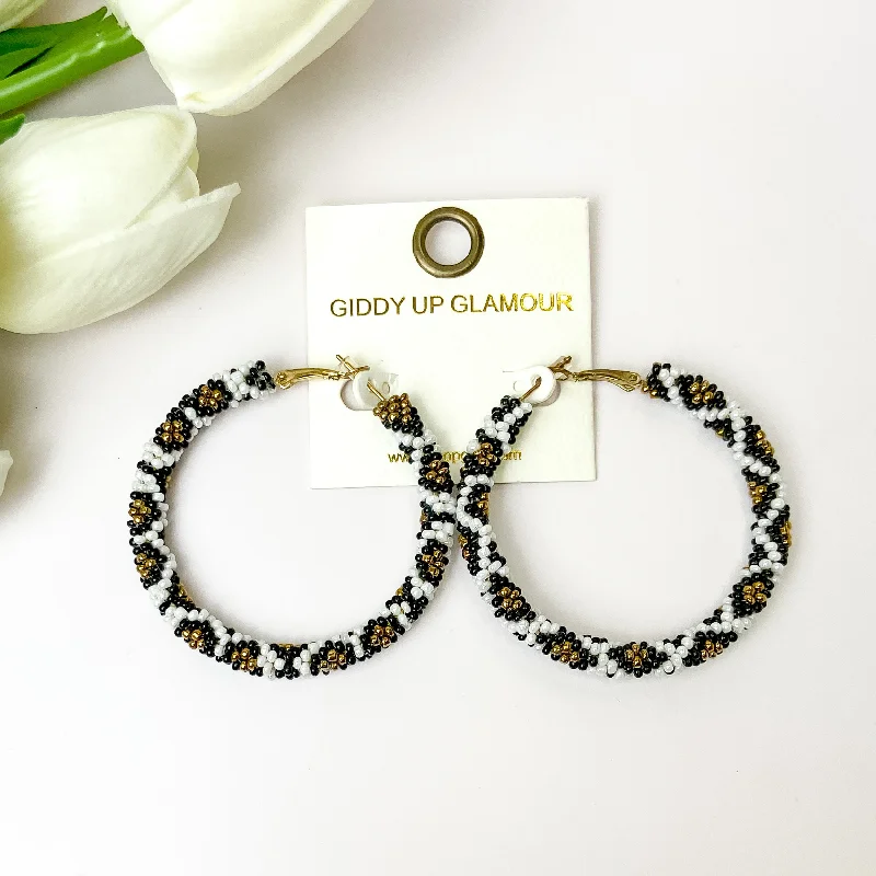 Glossy silver earrings-White, Black, and Gold Tone Pattern Beaded Hoops