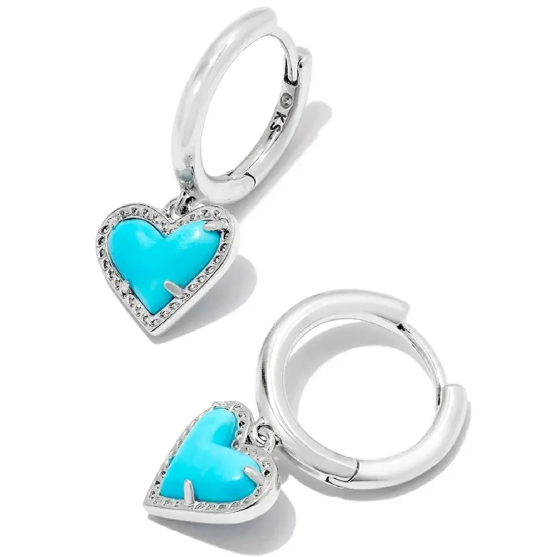 Cotton cord earrings-Kendra Scott | Ari Heart Silver Huggie Earrings in Variegated Turquoise Magnesite