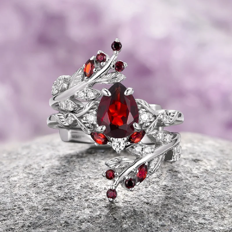 Asymmetrical engagement rings-Wisteria Red Garnet Fairy Leaf Ring- 14K White Gold (Two Piece)