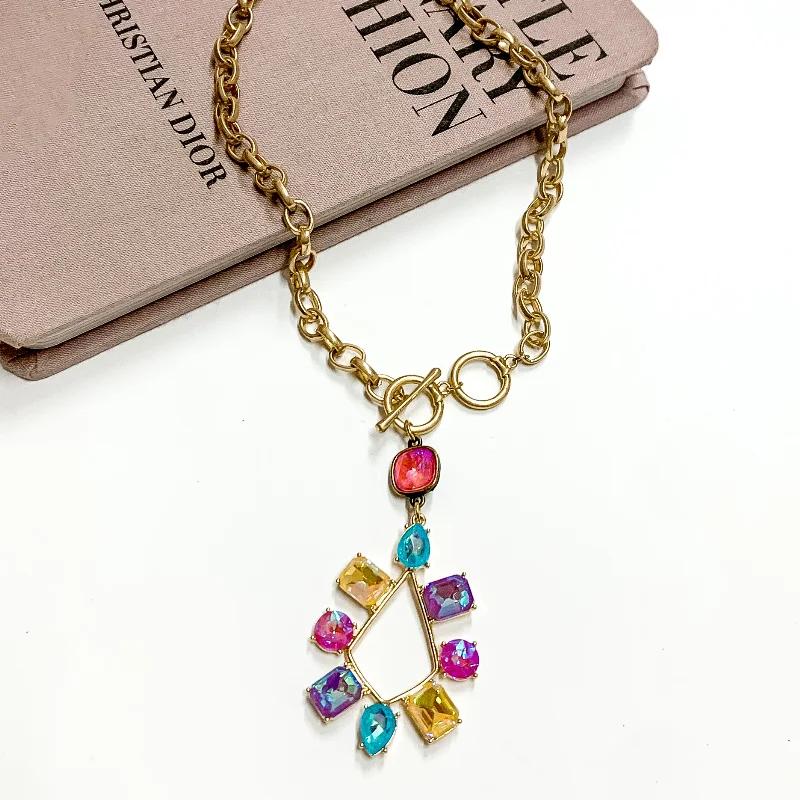 Subtle drop earrings-Pink Panache | Gold Tone Chain Necklace with a Pink Lotus Delight Crystal Drop and Multicolor Crystal Teardrop Pendant