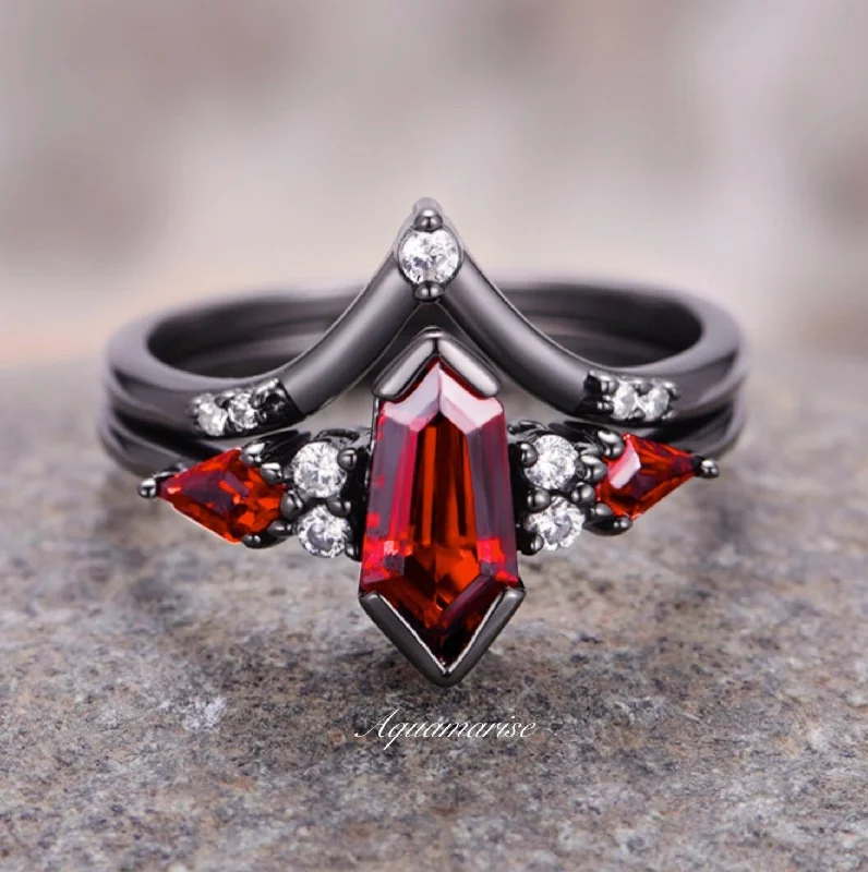 Morganite engagement rings-Coffin Kite Natural Red Garnet Ring Set- Black Rhodium Filled