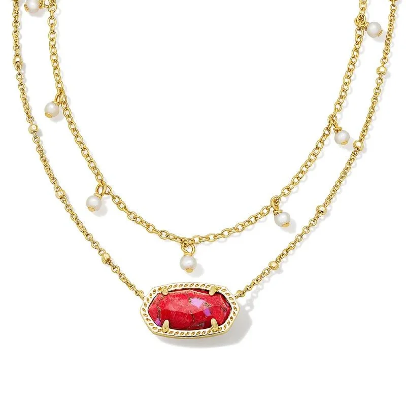 Tiny dot earrings-Kendra Scott | Elisa Gold Pearl Multi Strand Necklace in Bronze Veined Red Fuchsia Magnesite