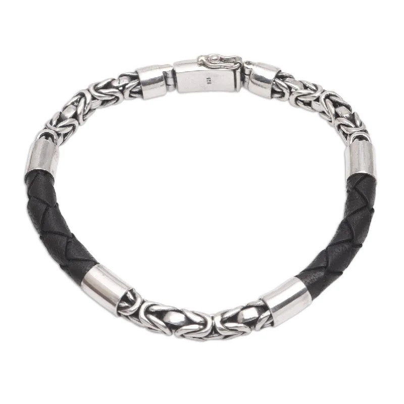 Stretch thread bangles-NOVICA Strong Unity in Black, Men's sterling silver and leather bracelet