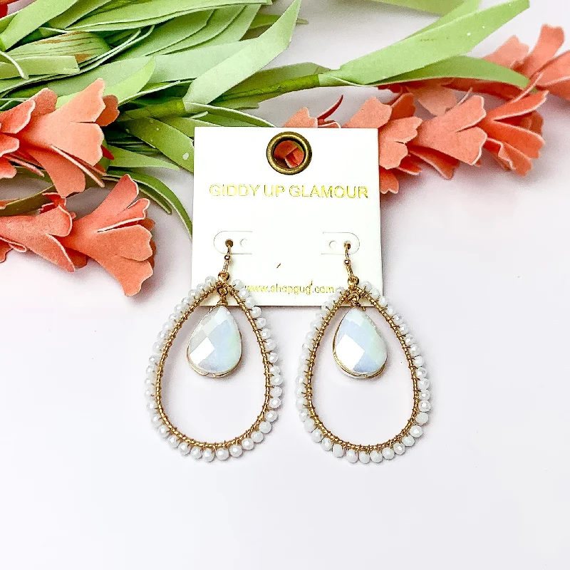 Pure stud earrings-White Iridescent Stone Inside Open Beaded Teardrop Earrings with Gold Tone Outline