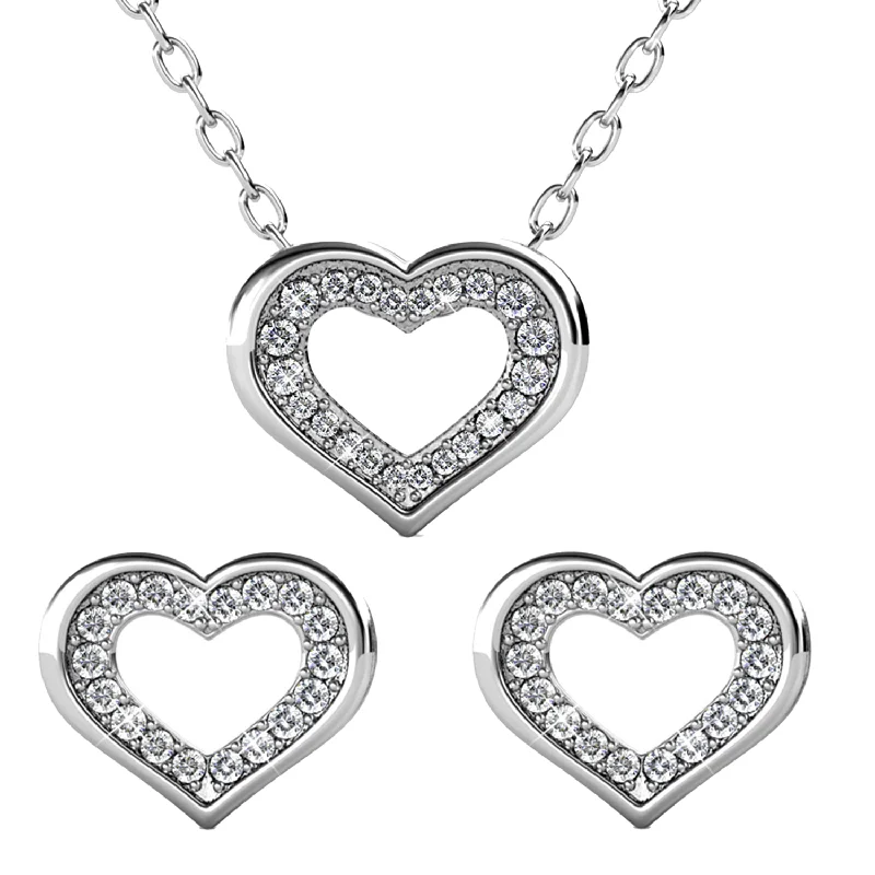 Aged medallion necklaces-Dominique 18k White Gold Plated Silver Heart Necklace and Earring Set with Swarovski Crystals