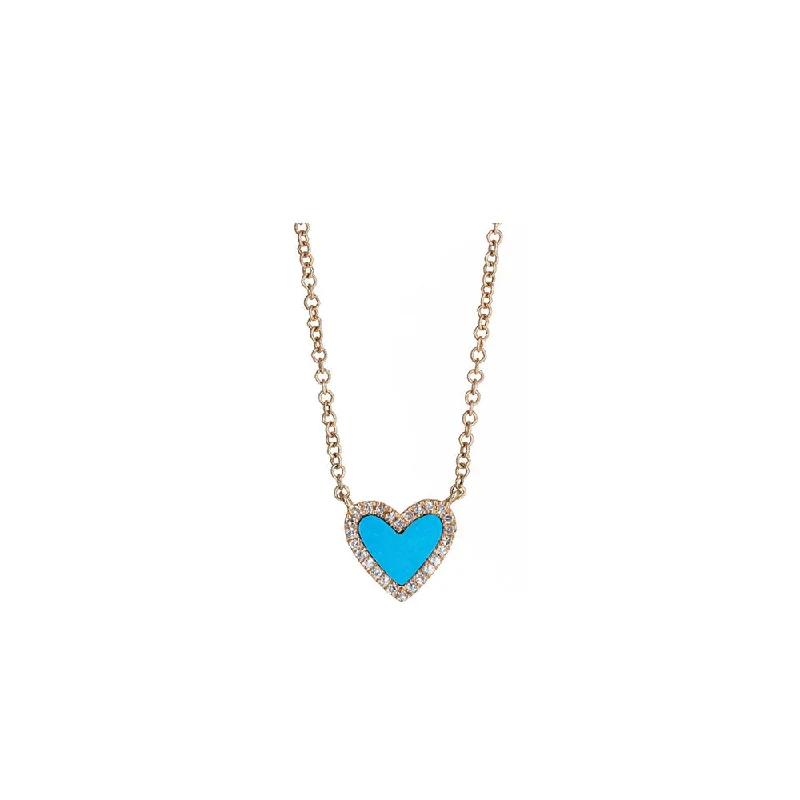 Tribal medallion necklaces-14KT Rose Gold Diamond Pave and Turquoise Mini Heart Necklace