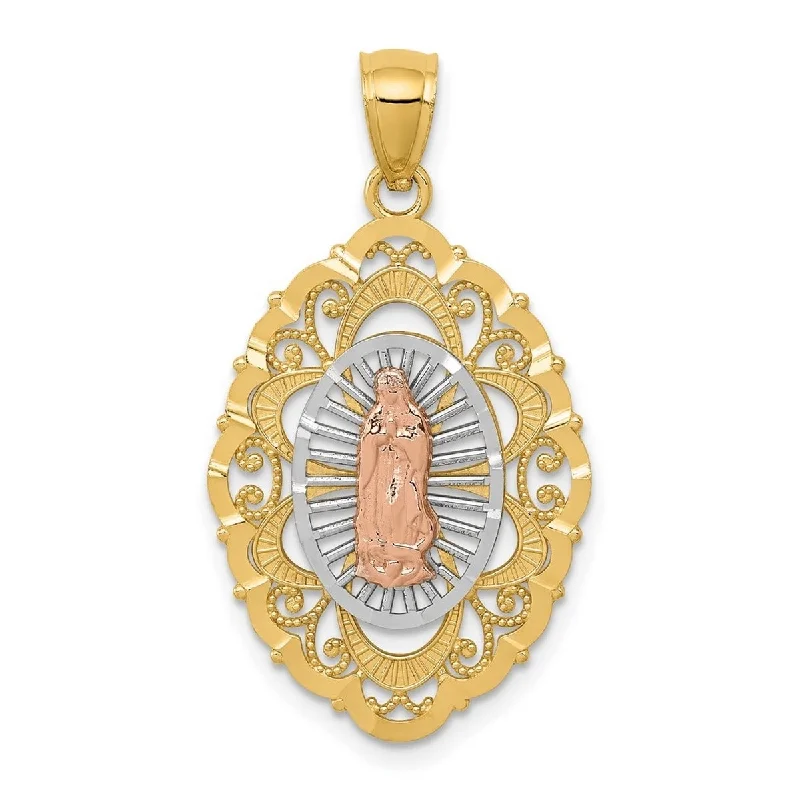 Round pendant necklaces-Curata 14k Tri-Color Gold 18" Textured Sparkle-Cut Our Lady of Guadalupe Pendant Necklace - 33.5x18mm