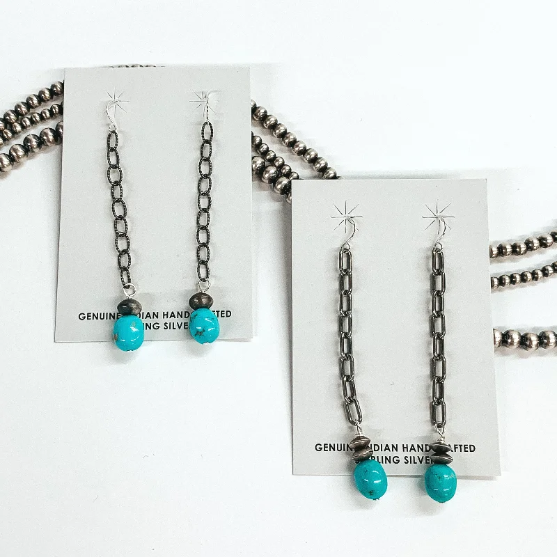 Large hoop earrings-Mason Lee | Navajo Handmade Sterling Silver Chain Drop Earrings with Navajo Pearl Charm and Turquoise Stone