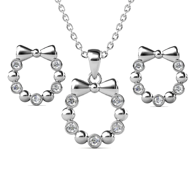 Raw woven necklaces-Edith 18k White Gold Plated Silver Ribbon Necklace and Earring Set with Swarovski Crystals